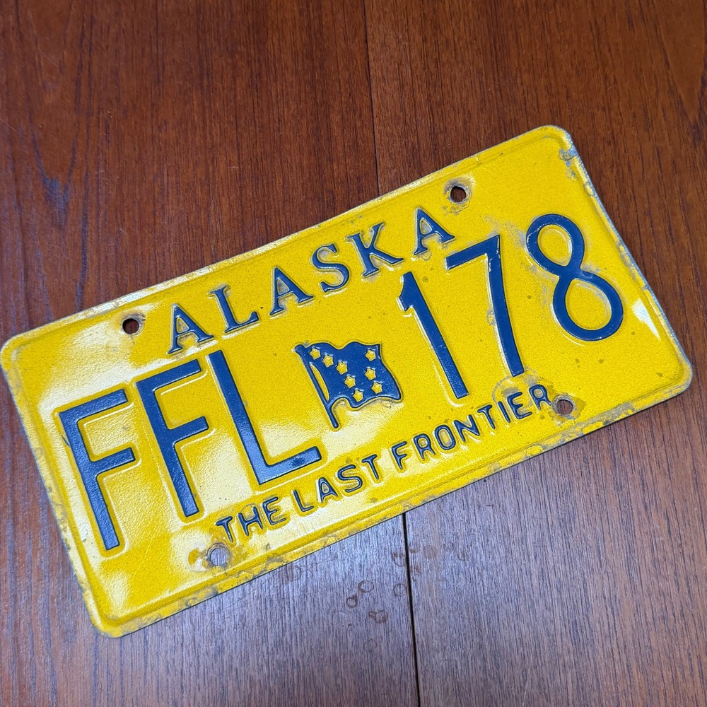 Alaska License Plate FFL 178 Yellow Blue The Last Frontier Vintage Decor